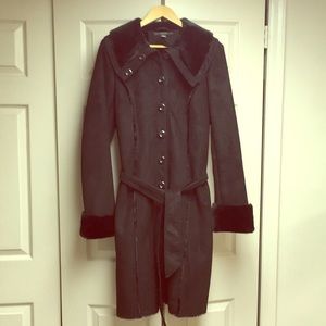 suede knee length coat with faux fur lining